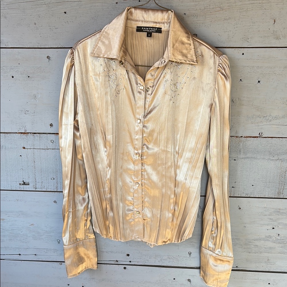 Rampage Gold Satin Button-Up Blouse